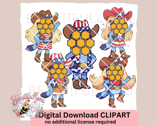 Patriotic Cowgirl Pup Clipart – 5 PNGs for Sublimation, Stickers, Crafts