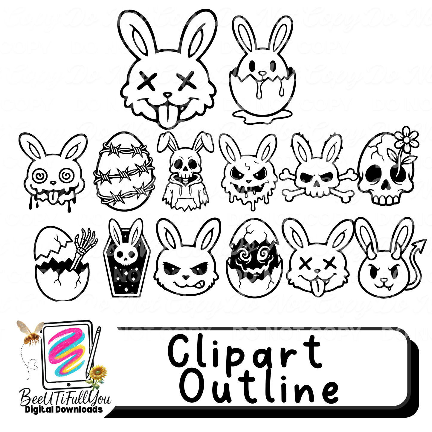 Spooky Bunny Clipart Outline Set – Dark Easter Edition