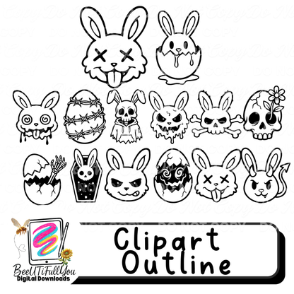 Spooky Bunny Clipart Outline Set – Dark Easter Edition