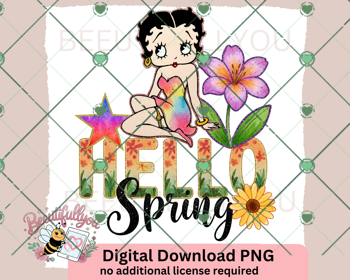 Hello Spring Betty Boop PNG | Seasonal Floral Sublimation Digital Design