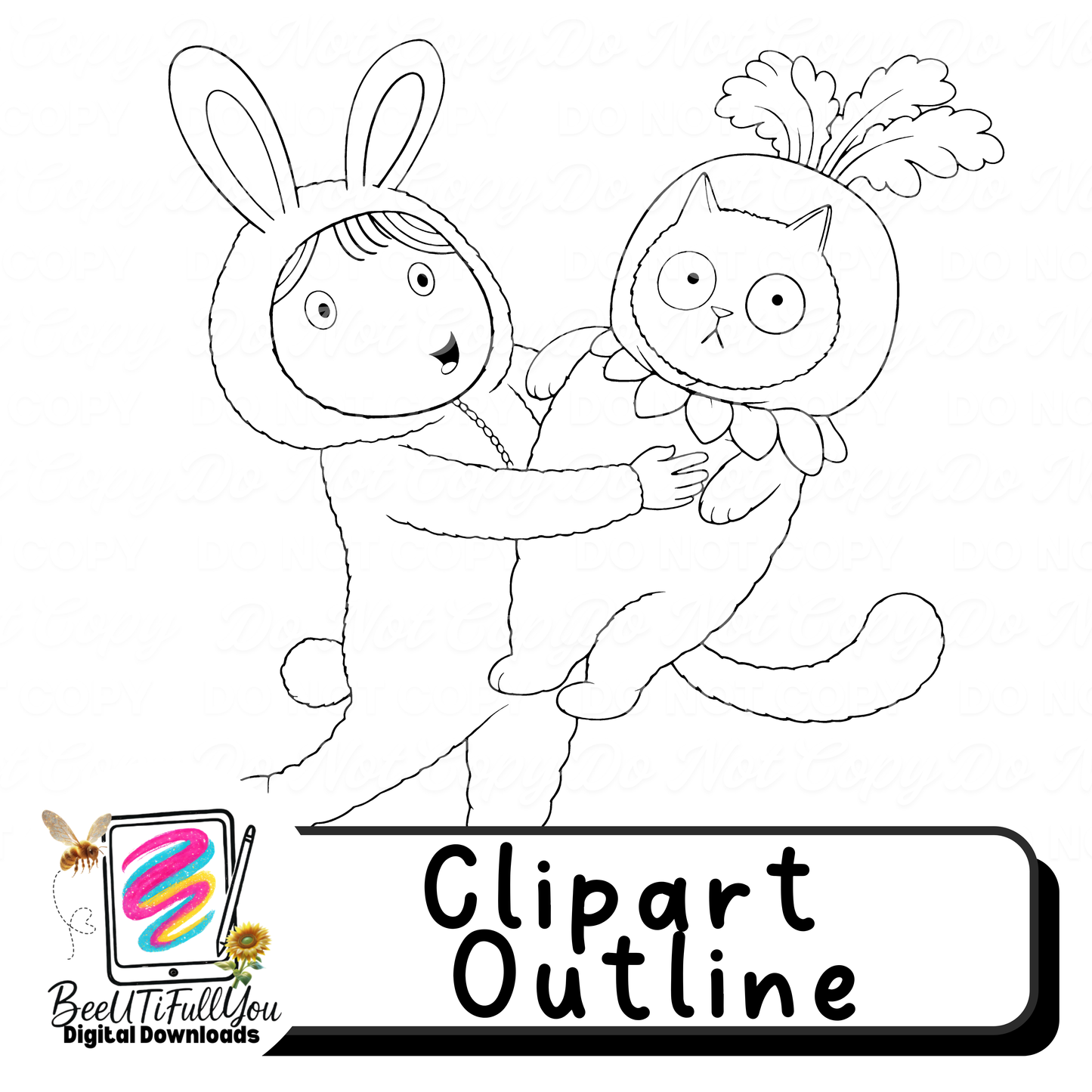 Bunny Holding Carrot Cat Clipart PNG Bundle | Easter Character Clipart | Colored + Outline Versions | Commercial Use