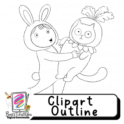 Bunny Holding Carrot Cat Clipart PNG Bundle | Easter Character Clipart | Colored + Outline Versions | Commercial Use