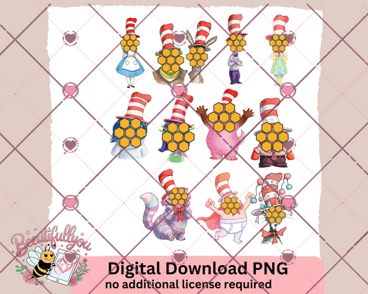 Read Across America Inspired Clipart Bundle | 11 Iconic Characters in Cat Hats | Digital PNG