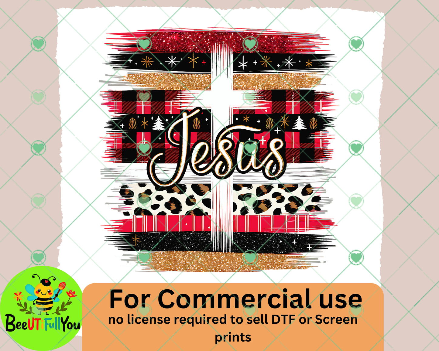 Buffalo Plaid & Leopard Print "Jesus" Christmas Cross Design PNG