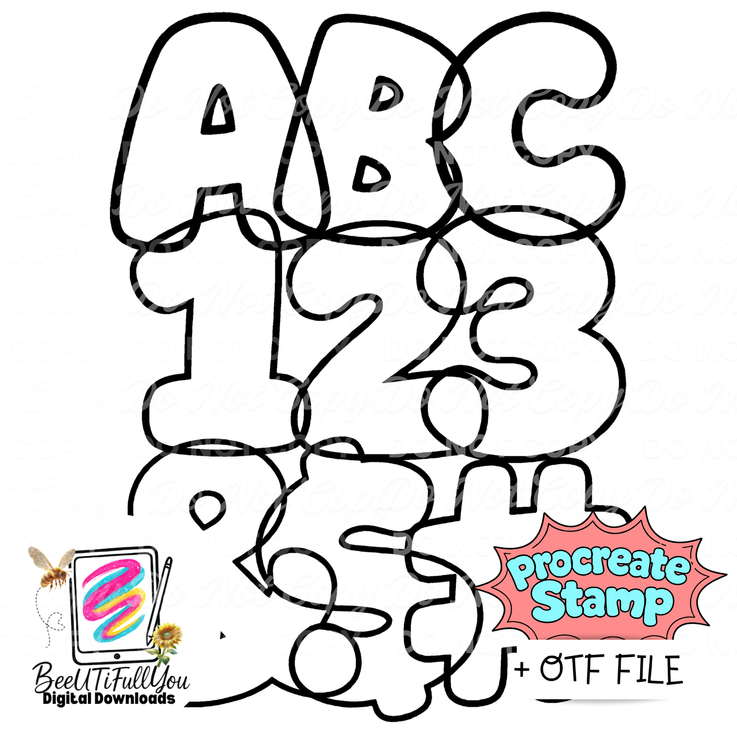 ABC 123 Set | Bubbly Bubble Font Outline | Procreate Stamp + OTF File | Commercial Use Allowed