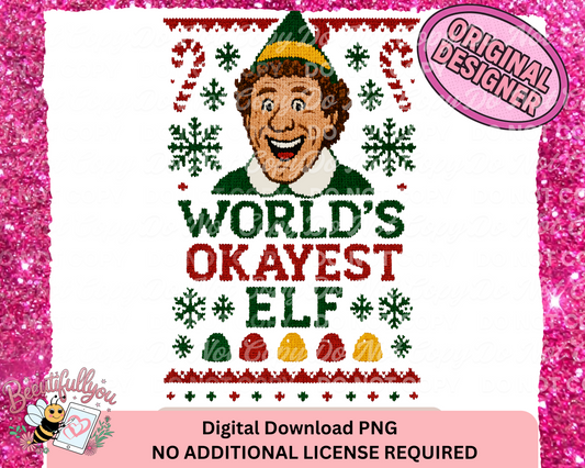 World’s Okayest Elf – Funny Christmas Ugly Sweater PNG