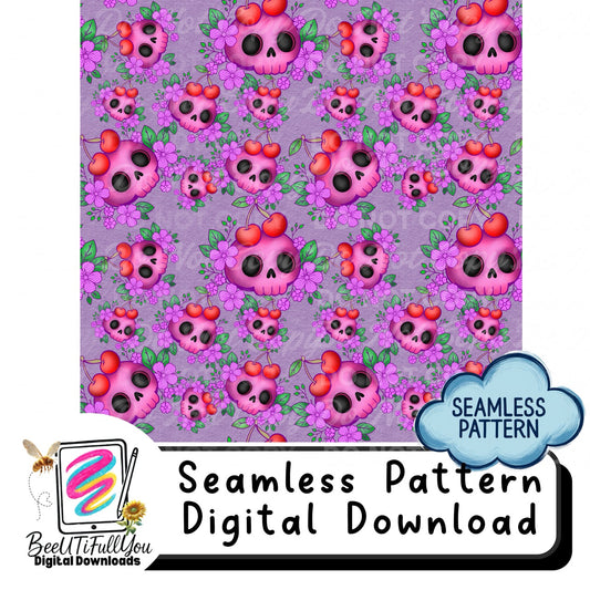 Cherry Skull Seamless Pattern | Cute Goth Floral Repeat | Pink Skulls & Flowers Background | Digital Download
