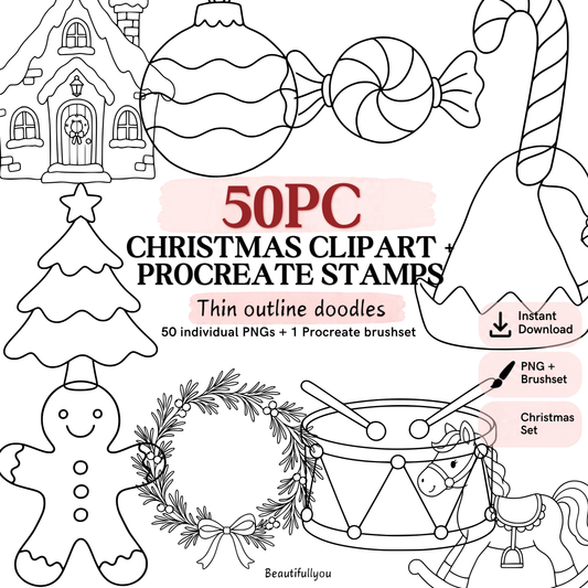 100 Christmas Outline Clipart + Procreate Stamps Bundle | Vol. 1 & 2 Holiday Line Art