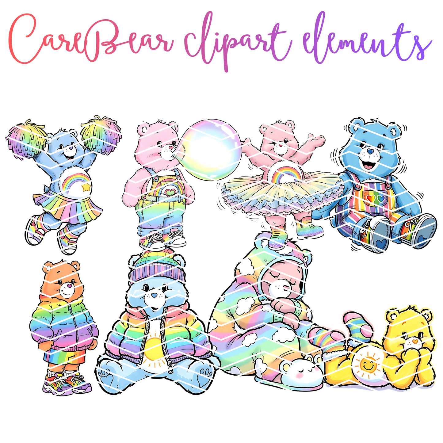Colorful Uplifting Collab 11/22/25 • 24 PNG Designs + 1 OTF Font + & 8pc Care Bears Clipart set • 5-Designer Exclusive Drop