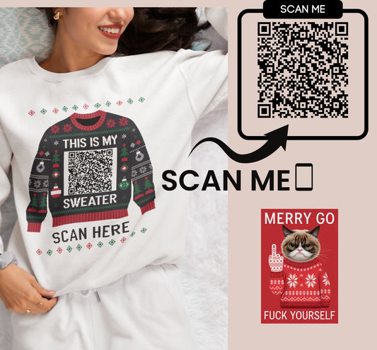 Custom QR Code Ugly Christmas Sweater Design | Grumpy Cat Humor & Interactive Scan | Digital Download Only