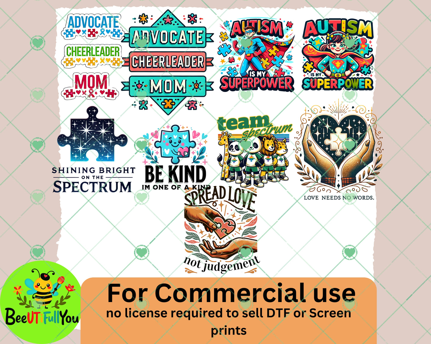 Autism Awareness PNG Bundle – Advocate Mom, Superpower, Team Spectrum, Puzzle Designs for Sublimation, DTF & Screen Printing