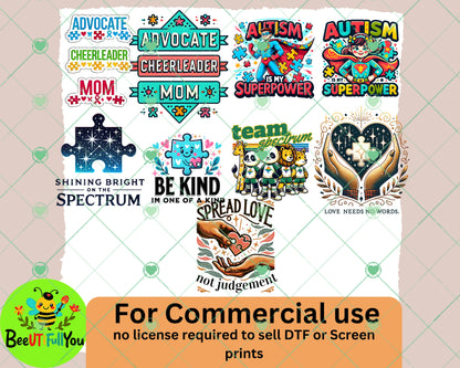 Autism Awareness PNG Bundle – Advocate Mom, Superpower, Team Spectrum, Puzzle Designs for Sublimation, DTF & Screen Printing