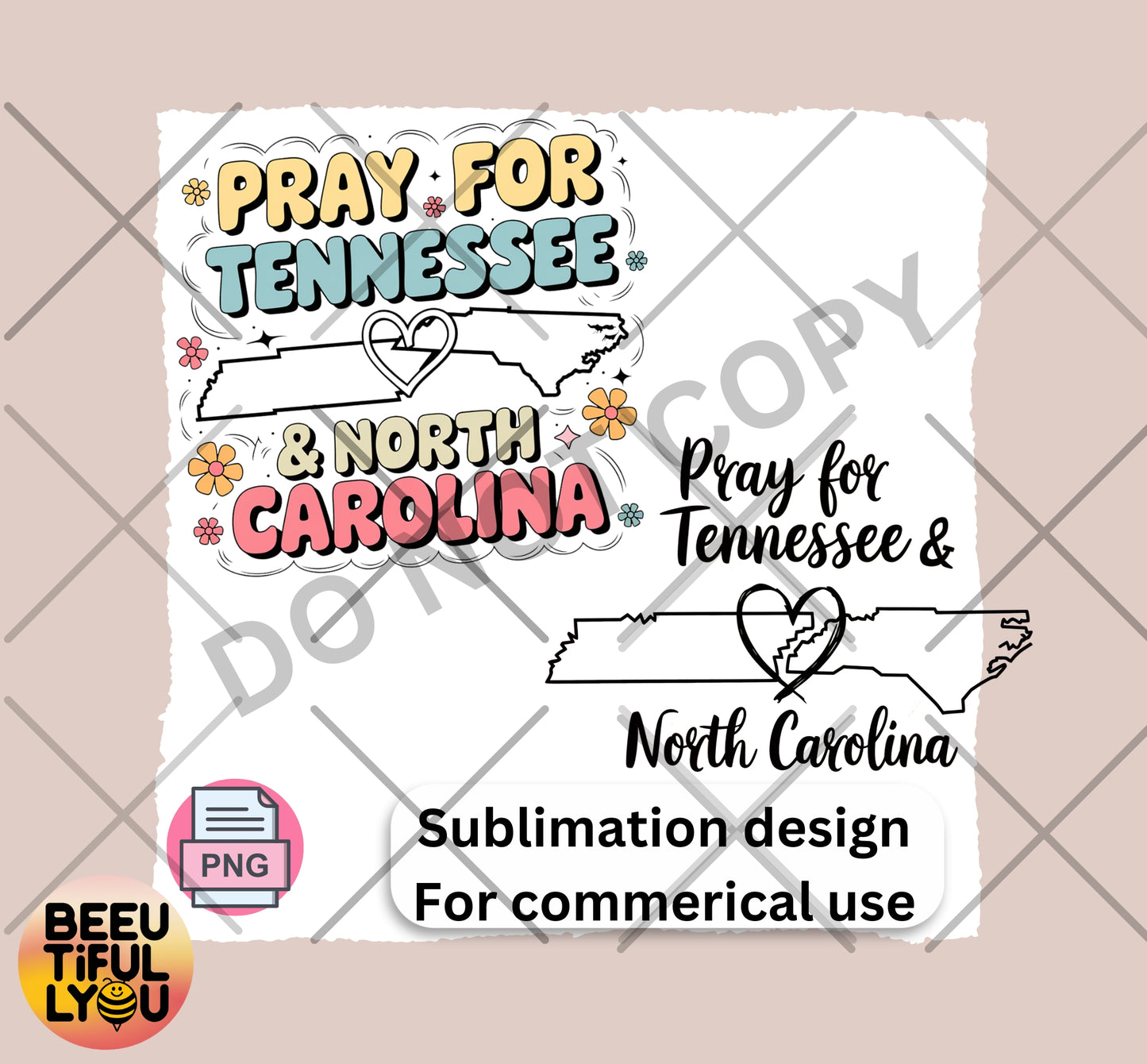 Pray for Tennessee and North Carolina Sublimation Design - Support and Love State Outline PNG for Commercial Use