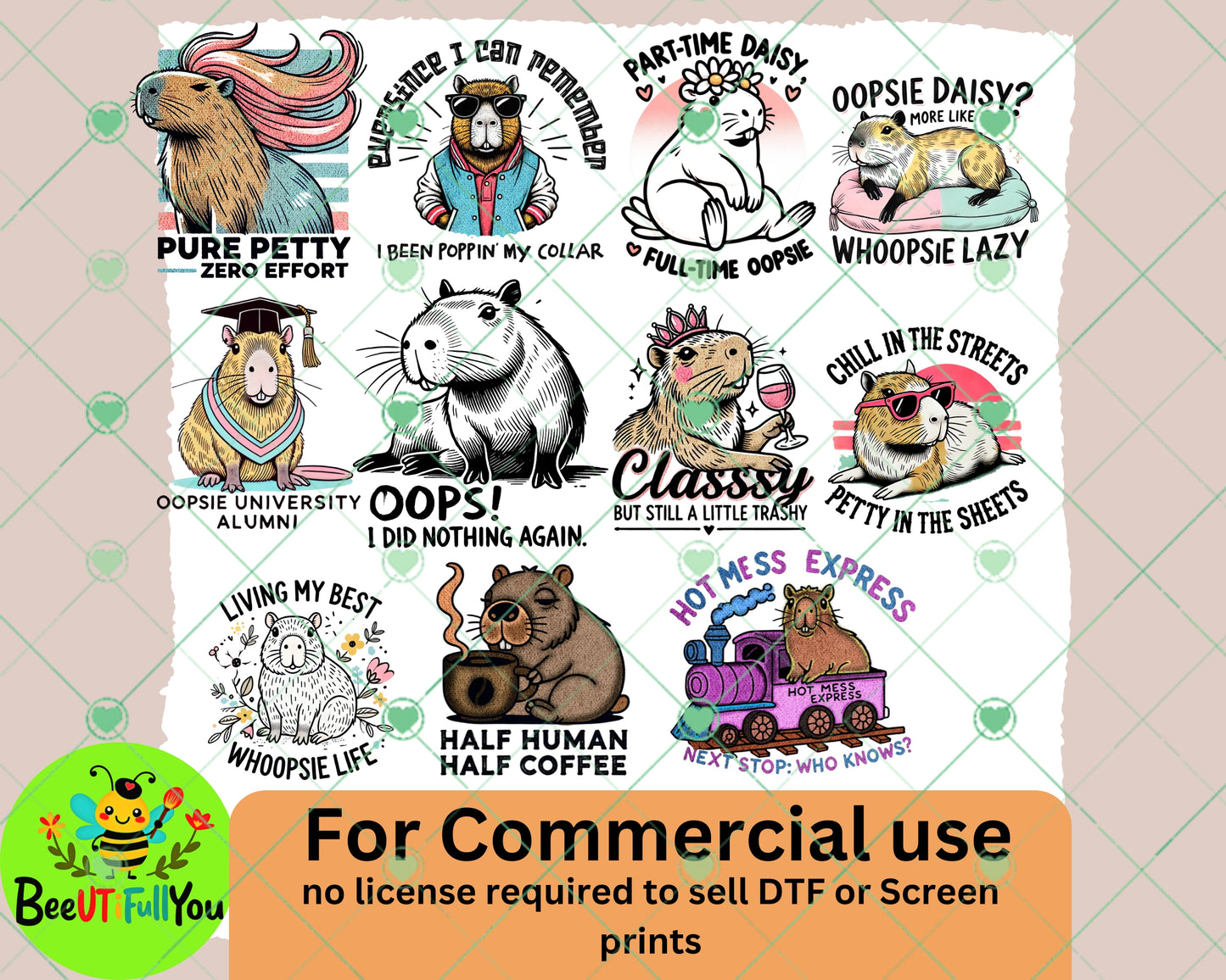 Funny Capybara Design Bundle - Quirky and Whimsical PNGs for DTF or Screen Printing, Perfect for Commercial Use