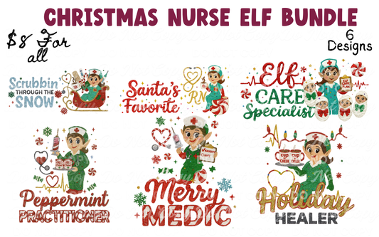 Christmas Nurse Elf PNG Bundle | 6 Holiday Nurse Designs