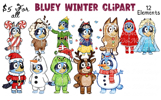 Winter Clipart Bundle | 12 PNG Elements | Christmas & Holiday Outfits | Cute Cartoon Dog Clipart for Shirts & Designs