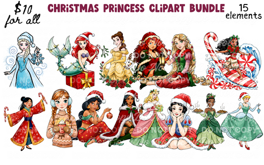 Christmas Princess Clipart Bundle | 15 Festive Holiday Princess PNG Elements