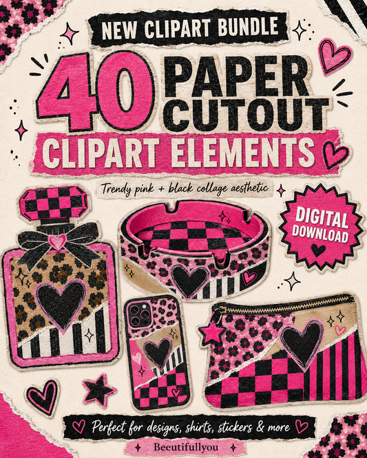 40 Paper Cutout Clipart Bundle PNG | Pink & Black Collage Clipart Elements | Scrapbook Style Digital Download | Junk Journal Graphics