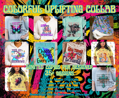 Colorful Uplifting Collab 11/22/25 • 24 PNG Designs + 1 OTF Font + & 8pc Care Bears Clipart set • 5-Designer Exclusive Drop