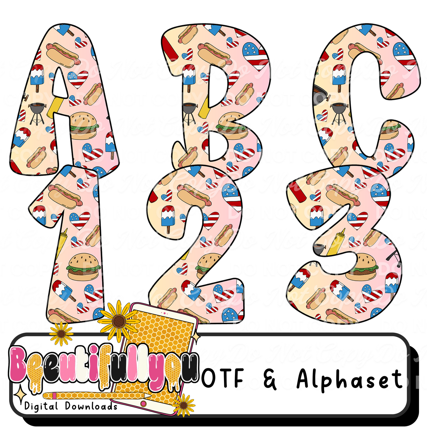 Patriotic Cookout Font Bundle | 4th of July Alphabet PNG + OTF | BBQ Letters & Numbers Set