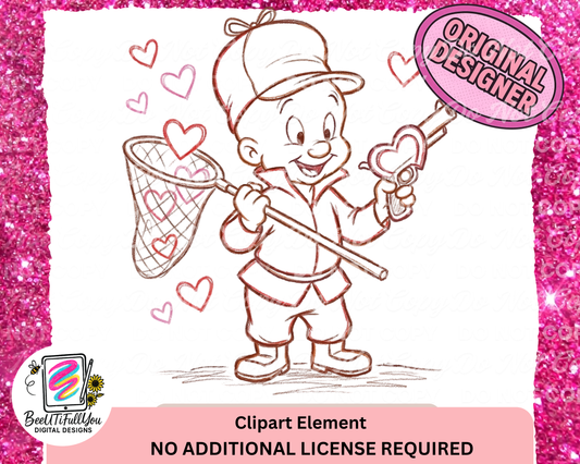 Valentine Cartoon Hunter Boy Clipart Element | Crayon Outline Doodle PNG | Commercial Use Included