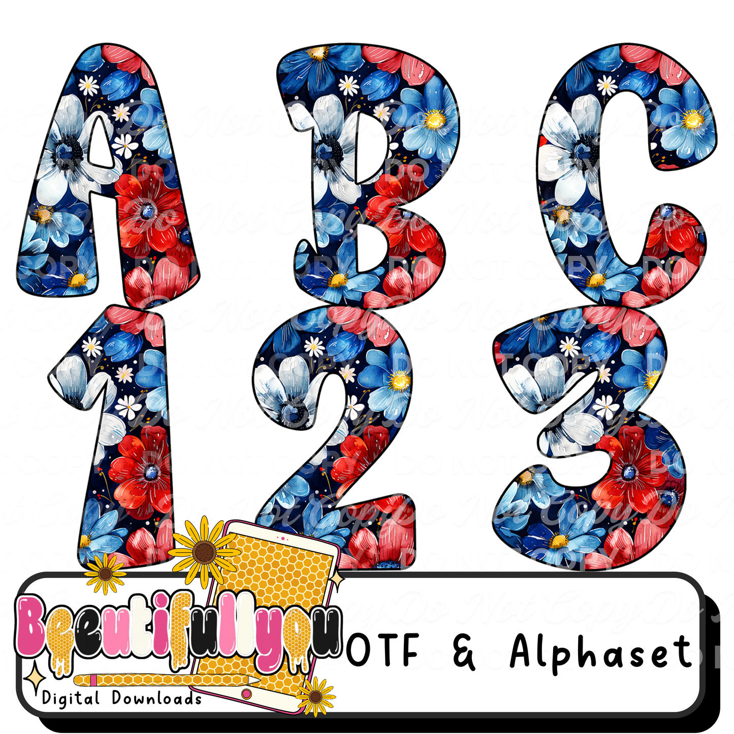 Floral Freedom Alpha | Patriotic Floral Font | OTF & PNG Alphabet | Red White Blue Letters for 4th of July Designs