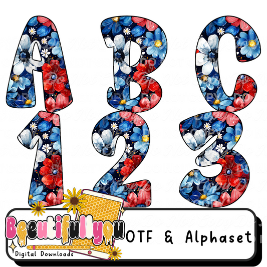 Floral Freedom Alpha | Patriotic Floral Font | OTF & PNG Alphabet | Red White Blue Letters for 4th of July Designs