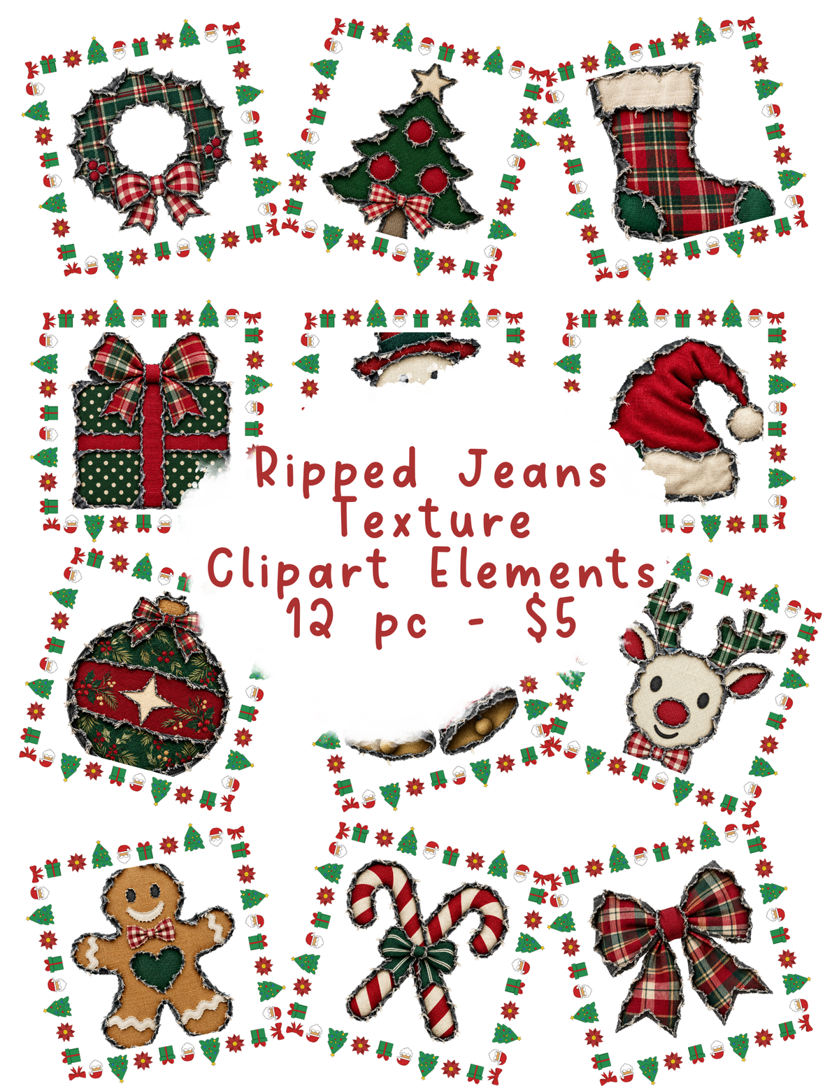 Ripped Jeans Texture Christmas Clipart Bundle | 12 PNG Elements