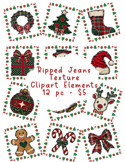 Ripped Jeans Texture Christmas Clipart Bundle | 12 PNG Elements