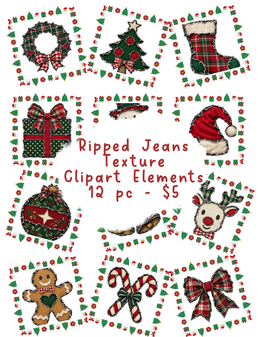 Ripped Jeans Texture Christmas Clipart Bundle | 12 PNG Elements