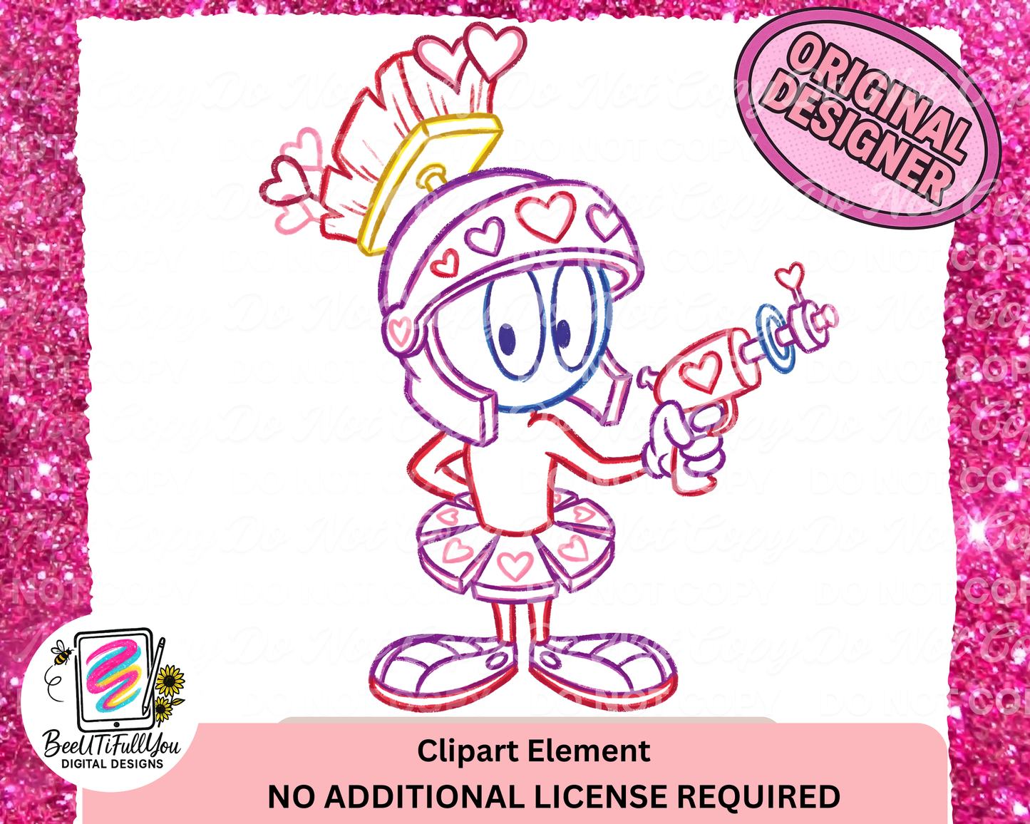 Valentine Space Alien Clipart Element | Crayon Outline Doodle PNG | Commercial Use Included
