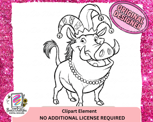 Jester Boar Clipart Element | Hand-Drawn Crayon Outline PNG | Commercial Use Included
