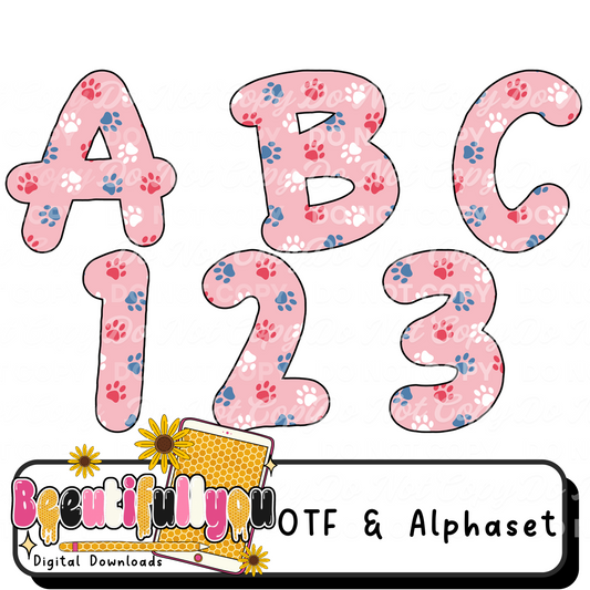 Puppy Love Alpha | Paw Print Alphabet PNG + OTF Font | Cute Dog Letters for Shirts, Kids & Pet Designs