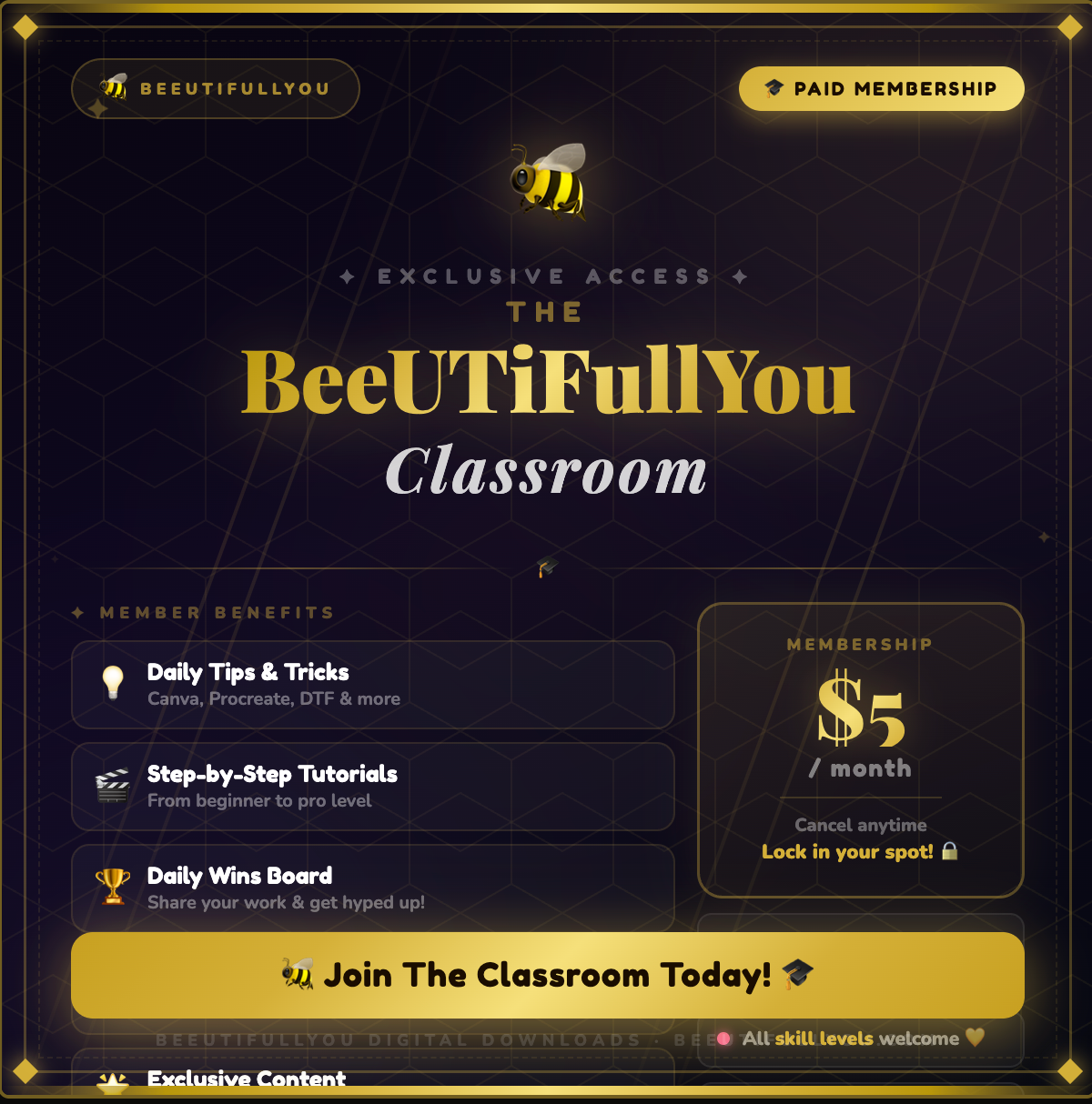 BeeUTiFullYou Classroom Membership | Design Tutorials, Canva & Procreate Tips | Digital Creator Learning Hub | $5 Monthly Access
