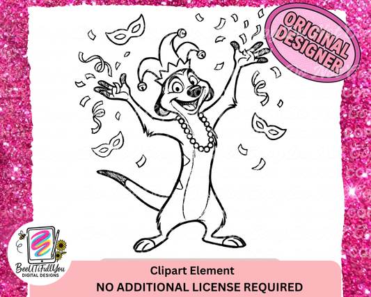 Mardi Gras Party Meerkat Clipart Element | Black & White Doodle PNG | Commercial Use Included