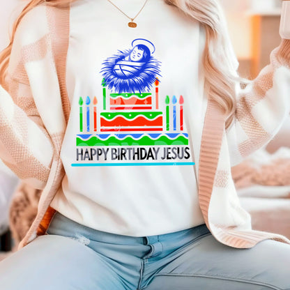 Happy Birthday Jesus Sweatshirt - Festive Religious Christmas Crewneck - Gildan 18000 Unisex Holiday Gift for Christian Faith