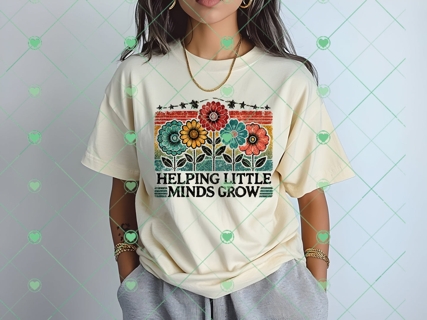 "Helping Little Minds Grow" Teacher-Inspired Retro Flower PNG Design for DTF and Screen Printing - Commercial Use