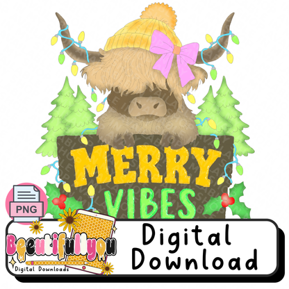 Merry Vibes Highland Cow Christmas PNG | Cute Christmas Cow Design | Girly Holiday PNG | Festive Cow Digital Download
