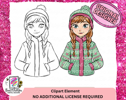 Winter Character Clipart Bundle | Cozy Cold Weather Girl & Snowman Clipart | Color + Outline PNGs | Digital Download