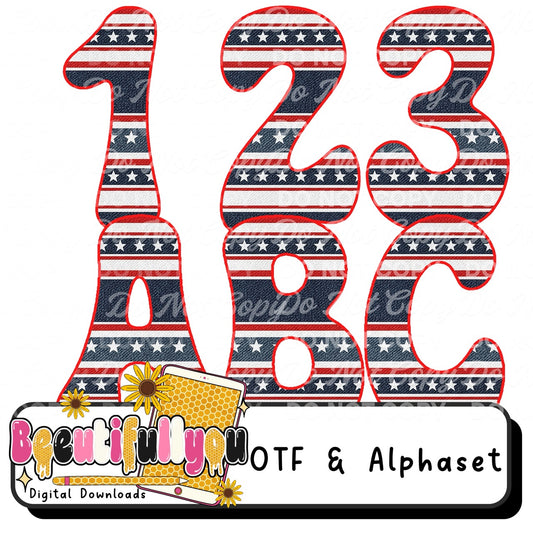 Patriotic Denim Font OTF + PNG Alphabet | USA Stars Stripes Font | 4th of July Bubble Letters | Red White Blue Alphabet