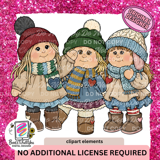 Winter Doll-Style Girl Clipart Elements |  Cozy Characters PNG | Commercial Use Included