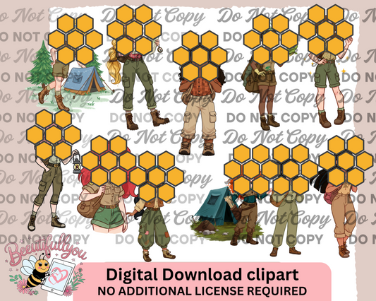 Camping Princess Clipart Set – 13-Piece Girl Scout & Explorer PNGs | Outdoor Adventure Digital Graphics | Commercial Use