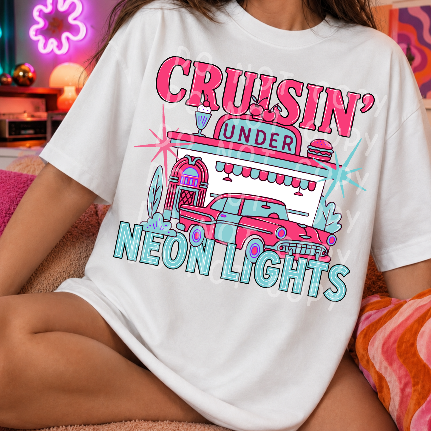 Cruisin’ Under Neon Lights PNG, Retro Diner Car Design, Pink Classic Car Sublimation, Rockabilly Shirt Graphic, Digital Download