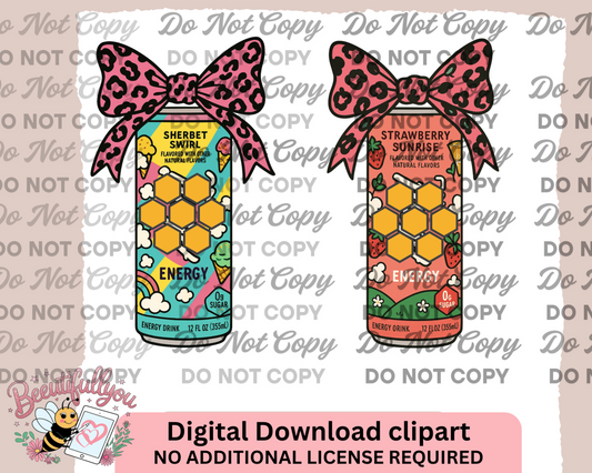 Alani Nu Energy Clipart Set – 2-Piece Sherbet Swirl & Strawberry Sunrise PNGs with Leopard Bows | Cute Digital Cans | Commercial Use