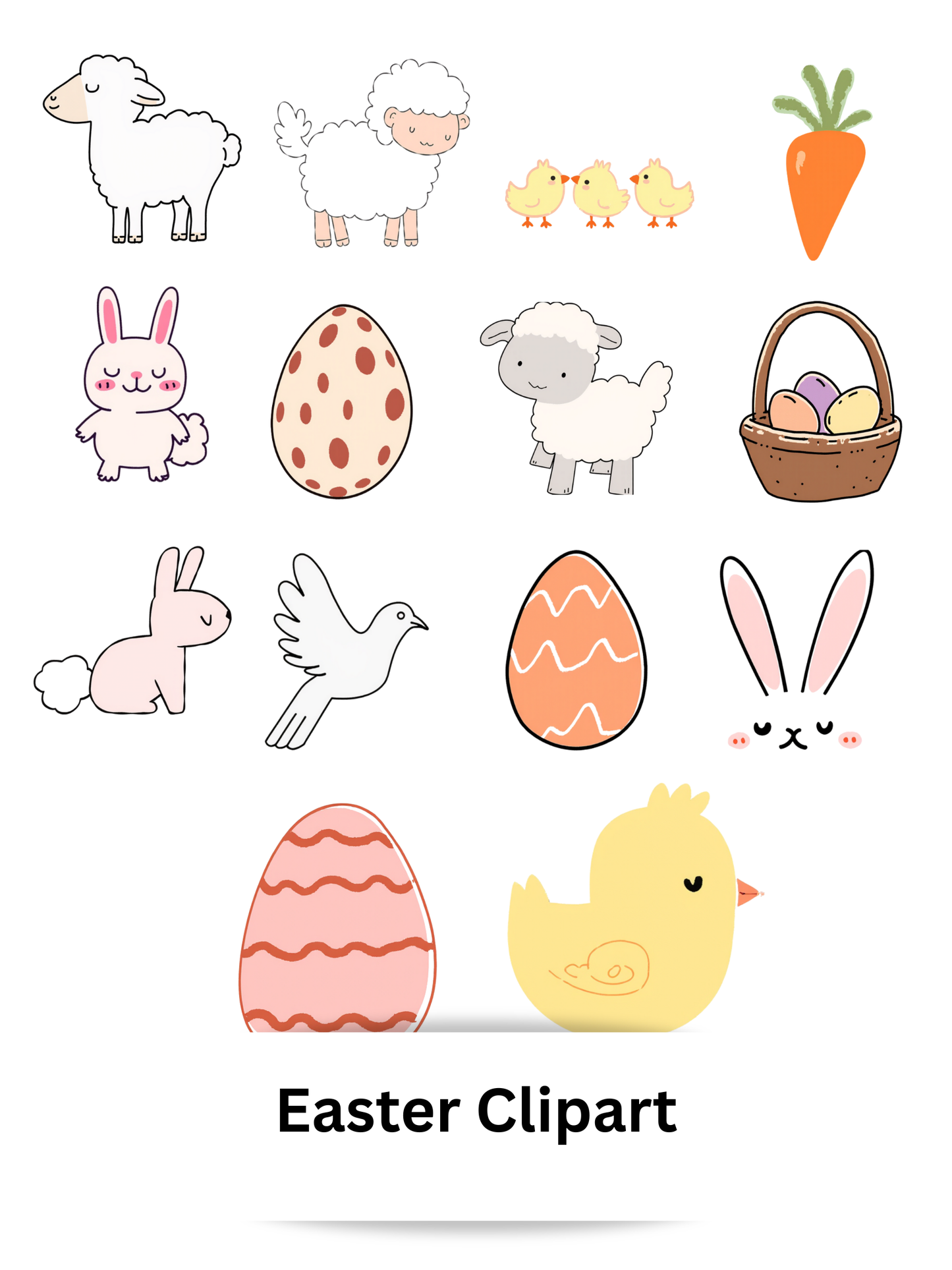 February 2026 Easter Clipart Bundle | Colored + Outline Easter Clipart | Commercial Use PNG | Bunny, Lamb, Chick, Egg Clipart