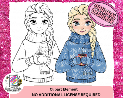 Winter Character Clipart Bundle | Cozy Cold Weather Girl & Snowman Clipart | Color + Outline PNGs | Digital Download