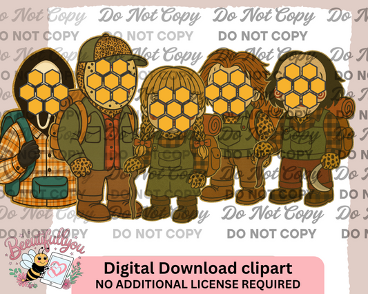 Camping Horror Clipart Set – 5-Piece Killer Crew in Outdoor Gear | Cute & Creepy PNGs | Commercial Use