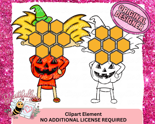 Pumpkin Pal Clipart | Halloween Character Element | Color + B&W outline clipart