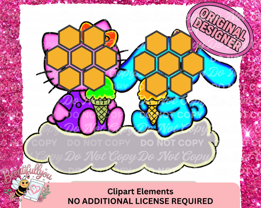 Cute hello Kitty & cinnamon roll Ice Cream Clipart