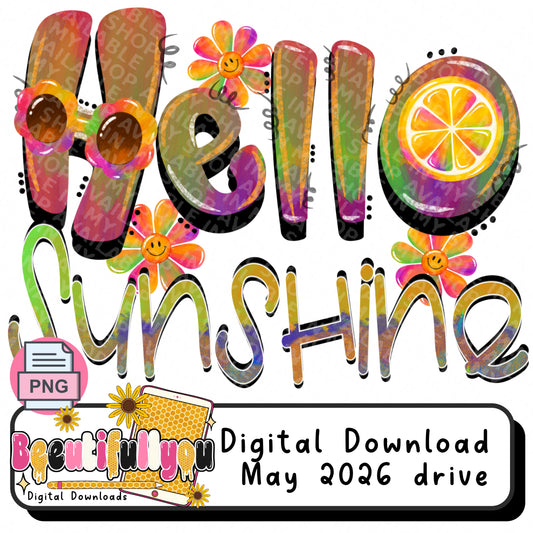 Hello Sunshine PNG | Retro Summer Shirt Design | Groovy Sunshine Sublimation + DTF File | Bright Hippie Summer Graphic Tee Download